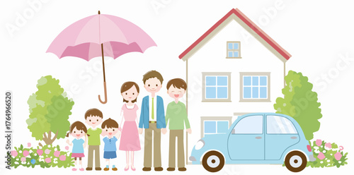 A família unida em frente à casa e ao carro, protegida por um guarda-chuva, simbolizando segurança e proteção.