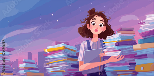 Ilustração de uma jovem mulher cercada por pilhas de documentos e papéis, com um céu roxo de fundo, em estilo de desenho animado.