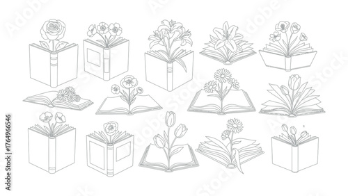 Literary Blossoms: An artful collection of books, each uniquely adorned with blooming flowers, symbolizes the beauty and knowledge that springs forth from literature. 