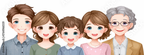 Ilustração vetorial de uma família multigeracional feliz e sorridente, retratando união, amor e felicidade.