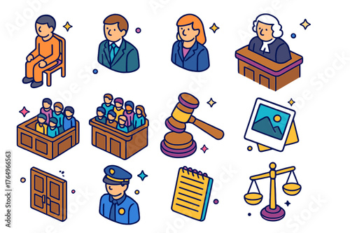 Isometric Courtroom Icons. Criminal trial scene. Colorful isometric vector icons set of Criminal trial scene: defendant in chair, defense attorney, prosecutor,