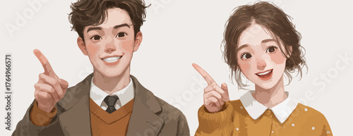 Ilustração de um casal sorrindo e apontando para cima, com um estilo de desenho animado, ideal para diversos projetos.