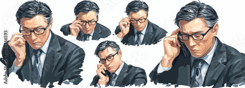 Ilustração de um homem de negócios elegante falando ao telefone em várias poses, com óculos e terno, em um fundo branco.