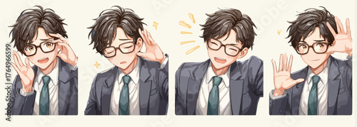 Ilustração vetorial de um homem de negócios com expressões faciais diferentes, usando óculos e um terno, em um fundo neutro.