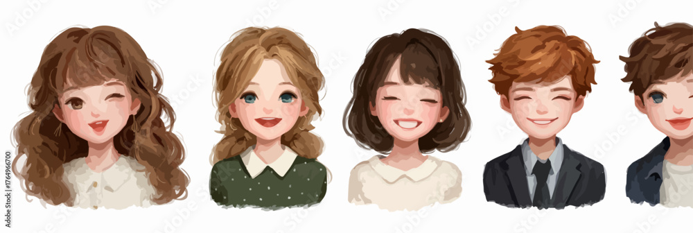 Conjunto de avatares de personagens diversos com expressões faciais alegres e amigáveis