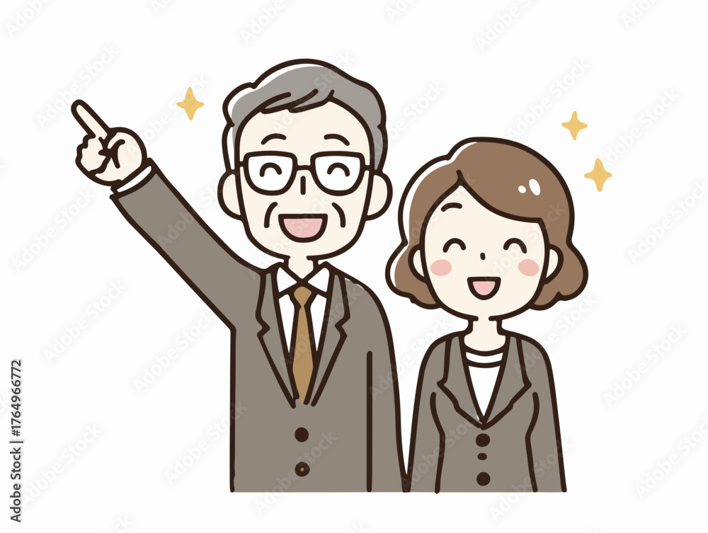 Casal sorridente de meia-idade em trajes formais apontando para algo com entusiasmo e sucesso.