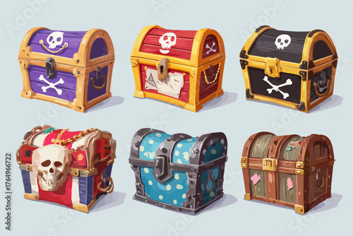Conjunto de baús de tesouro pirata com designs variados e elementos temáticos de caveira e ossos cruzados.