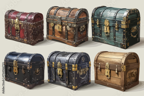 Conjunto de baús de tesouro antigos e ornamentados com detalhes metálicos e fechaduras.