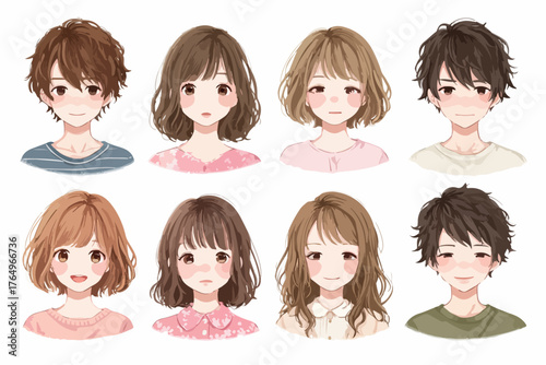 Conjunto de retratos de jovens em estilo anime, ilustrando diversidade de aparências e expressões faciais.