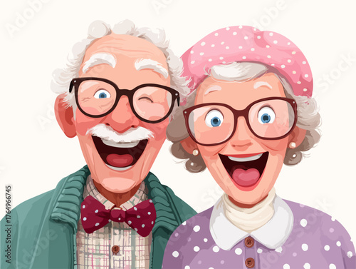 Casal de idosos sorridentes e felizes com óculos, expressando alegria e vitalidade