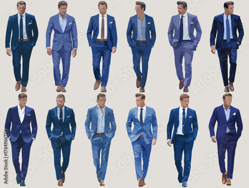 Coleção de homens em ternos azuis elegantes em diferentes poses e estilos.