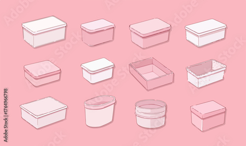 Conjunto de caixas de armazenamento de vetor em tons pastel com tampas, ideal para organização doméstica.