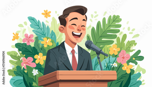Homem sorridente discursa em púlpito decorado com flores e folhagens exuberantes