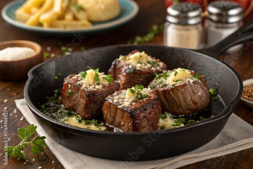 garlic parmesan steak bites topped with herbs and melted butter