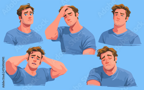 Homem expressa diferentes emoções de preocupação e frustração em ilustrações vetoriais.