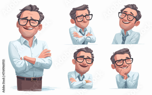 Coleção de expressões faciais e corporais de um homem de negócios sorridente com óculos.