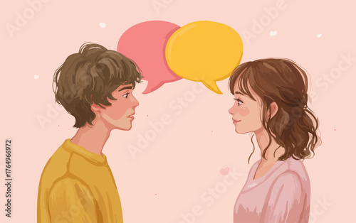 Casal jovem conversando com balões de fala sobre romance e comunicação em um fundo rosa suave.
