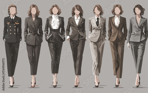 Coleção de mulheres elegantes vestindo ternos de negócios em diferentes estilos e cores