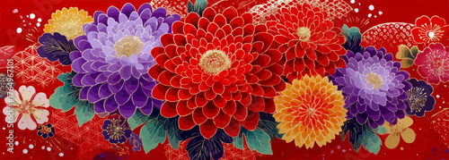 Um vibrante e intrincado padrão floral japonês, com crisântemos e dálias em tons de vermelho, roxo e laranja, ideal para designs decorativos e têxteis.