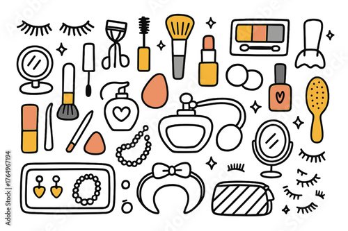 Colorful Vanity Essentials. Vanity makeup. Hand-drawn doodle illustration false eyelashes (colored), eyelash curler (colored), mascara tube (colored), makeup
