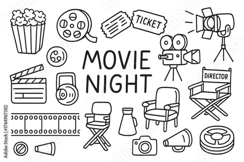Movie Night Icons. Movie Night. Hand-drawn doodle illustration Movie Night popcorn, film reel, movie tape, tickets, projector, clapperboard, spotlight,