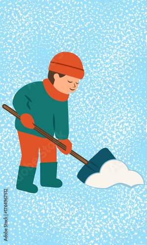   Young man removes snow with a shovel
