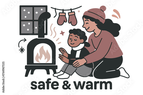 Winter Hearth Haven. Keeper of the Hearth ? Winter Shelter. Snow taps the window while the stove glows; mittens dry on a simple line. Caption ?safe & warm?.