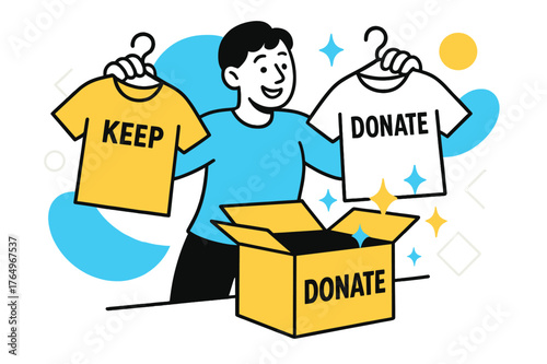 Closet Declutter Moment. Closet Declutter Moment. A smiling person holds two shirts?one marked ?Keep,? one ?Donate.? Light geometric sparkles float around the