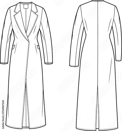 Technical flat sketch of women's long coat design, notched lapel collar, tailored silhouette, back vent, fashion illustration, garment construction, vector template