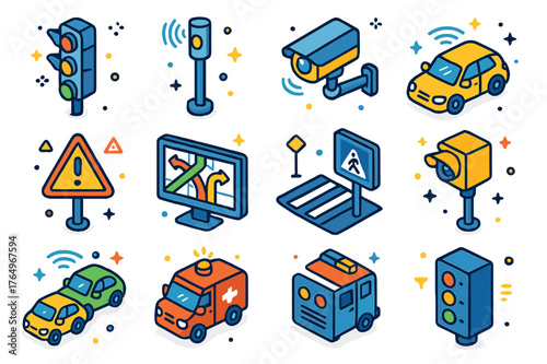 Traffic Management Icons. Traffic management. Colorful isometric vector icons set of traffic management: traffic lights, smart sensors, CCTV cameras,