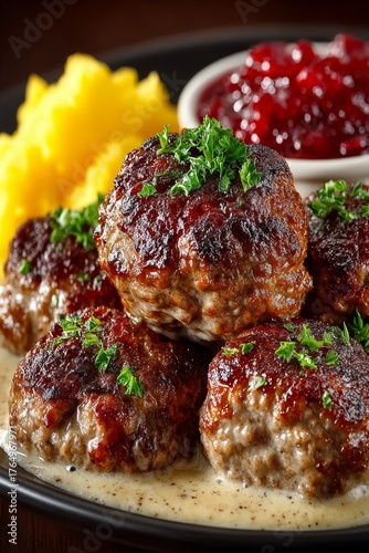 A hearty serving of traditional Swedish Köttbullar, accompanied by rich creamy gravy, tangy cranberry sauce, and smooth mashed potatoes