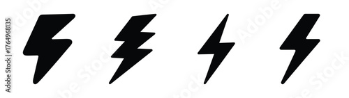 Collection of minimalist black lightning bolt symbols depicting power energy weather warning and electric force