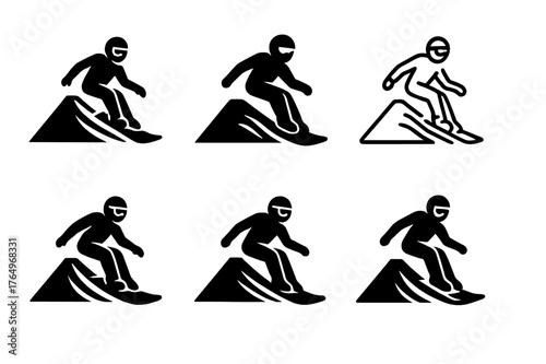 Volcano Boarding Logos. Volcano boarding. Set Logo of Volcano boarding: rider carving ash slope. harmonious logo variations of the same emblematic concept,