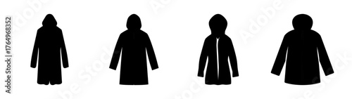 Collection of dark hooded raincoats silhouettes essential outerwear for wet weather protection minimalist style jacket designs