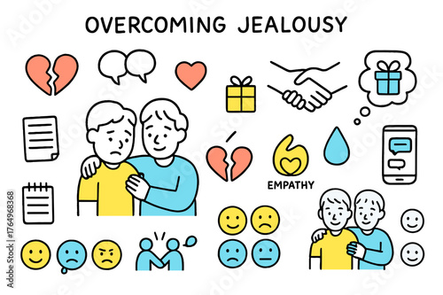 Friendship and Emotions. Overcoming jealousy. Hand-drawn doodle illustration two friends (colored), heart symbol, broken heart (colored), conversation bubbles,