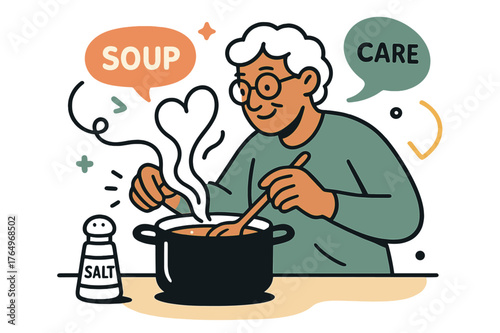 Cooking with Care. Elderly ? Cooking for One. A senior stirs a pot on an orderly counter; labels ?salt?, ?soup?, ?care? hover neatly. Steam curls