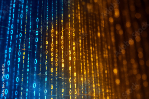 Digital numbers cascade down the image in blue and orange hues. The alternating colors create a striking visual effect reminiscent of a data stream.AI generated.