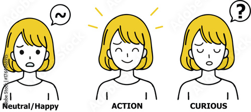 Woman displaying three distinct emotional expressions with labels emotions neutral