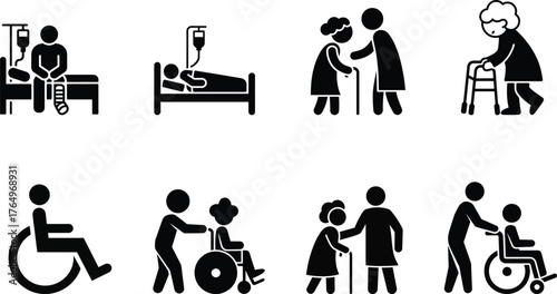 Healthcare and assisted living pictograms senior care medical support icons symbols