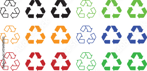 Recycling icon isolated on white background. Recycle flat symbol. Mobius loop.Recycling triangle symbols with arrows. Set of recycle symbols black green line and glyph Vector