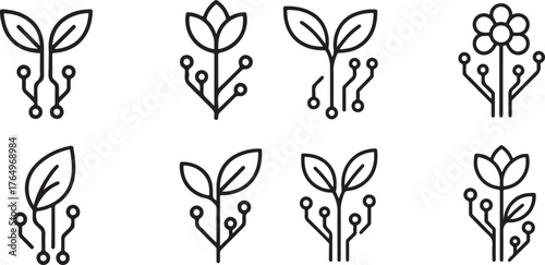 Botanical Circuit Line Icons Eco-Technology and Nature-Inspired Data Fusion Vector Set for Sustainability and Future Design