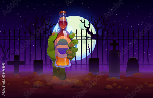 Halloween green zombie hand with long crooked fingers and beer bottle. Vector hand rises from the ground between tombstones and fence on abandoned graveyard. Cartoon drink horror night promotion