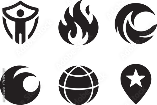 Collection of six diverse solid black icons representing security fire waves eye earth and location transparent background