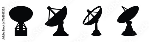 Four varied radar dish silhouettes for communication technology weather forecasting and satellite signals an antenna symbol collection