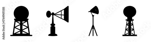 Weather radar and meteorological instrument icons including wind vane and observation devices for climate monitoring