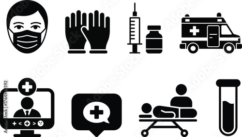 Medical icons set healthcare symbols treatment emergency service covid protection