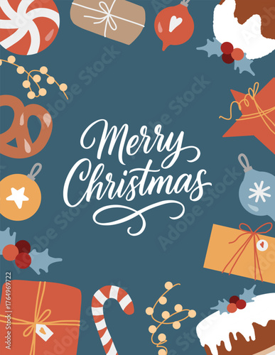 A New Years card template with Merry Christmas lettering. Vector flat illustration of holiday attributes. Hand-drawn gifts, Christmas baked goods, garlands, and Christmas tree baubles on a dark blue