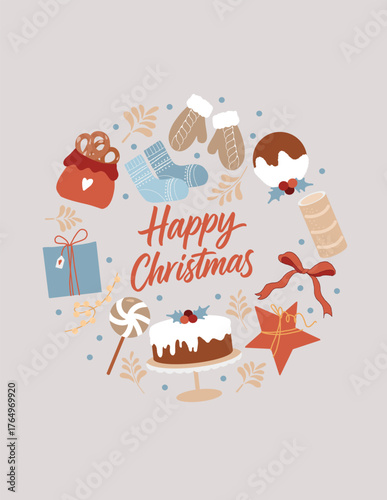 A New Years card template with the inscription Happy Christmas. Flat vector illustration of holiday attributes. Hand-drawn gifts, Christmas baked goods, socks,bow and mittens on a light background