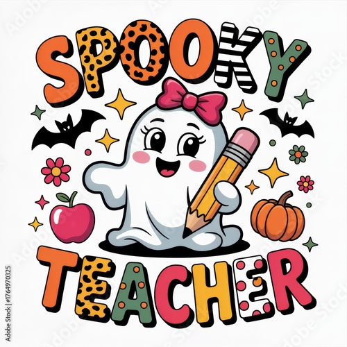 A cute, cartoon ghost with a pencil, surrounded by stars, bats, an apple, and a pumpkin, promoting a fun, spooky teaching theme.