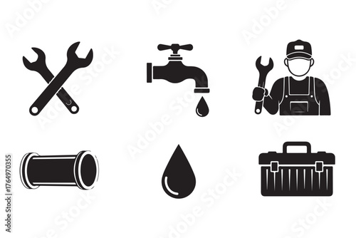 Flat Black Plumbing Icons Set on White Background